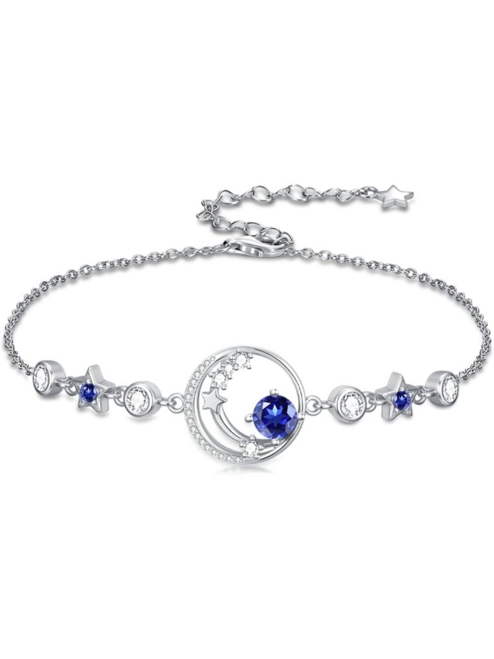 Charming Moon & Star Birthstone Bracelet | 925 Sterling Silver | 7"+2